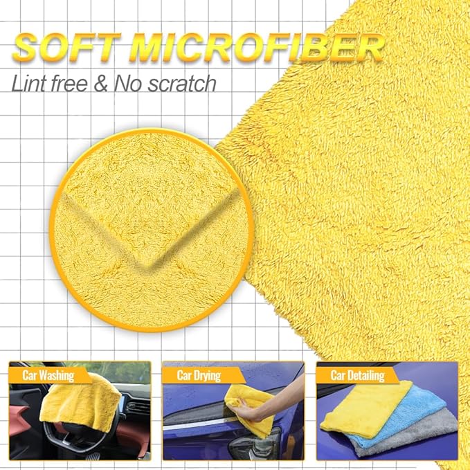 Car Drying Towel(Coral Fleece),for Car Exterior & Interior,Absorbent, Lint-Free, Extra Soft Endless,Reusable and Durable,Microfiber Rags 16in x 16in-Yellow 12 Packs