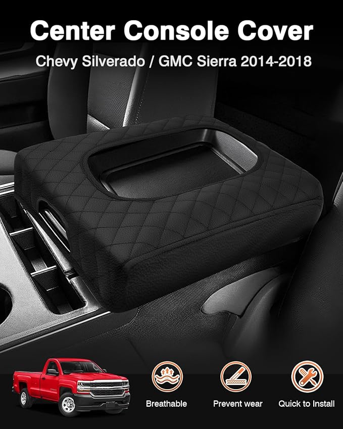 Shademax Center Console Cover Custom for Chevy Silverado & GMC Sierra 2014-2018 Accessories, Silverado Sierra Armrest Cover Jump Seat Console Cushion Pad Leather Console Armrest Lid Protective Cover