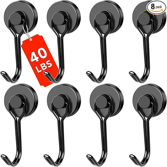 DIYMAG Black Magnetic Hooks, 40LBS Strong Magnetics Heavy Duty, Magnet Hook with Metal Hanger for Hanging Refrigerator Home Kitchen Office, 8Pack