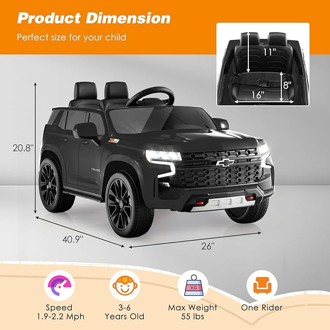 HONEY JOY Ride On Truck, 12V Licensed Chevrolet Tahoe, Chevy Electric Vehicle for Kids, Soft Start, Music, Lights, Battery Powered Ride On Car Toy with Remote Control, Gift for Boys Girls (Black)