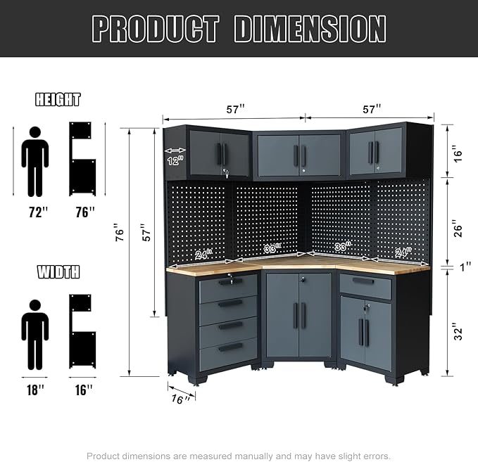 Garage Storage Cabinet System - 8-Piece Set with Corner Cabinet, Drawers, Workbench, Pegboard for Tool Organization - Black and Grey