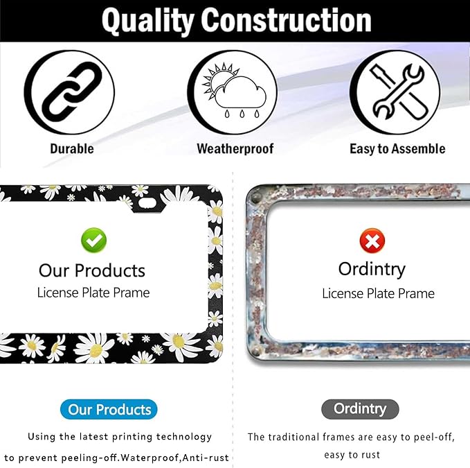 2 Pack Universal Daisy Floral License Plate Frame - Heavy Duty Rustproof Aluminum Matte Black Daisy Car Tag Holder Cover Bracket Fits All Vehicles, Easy Install with Screws Included