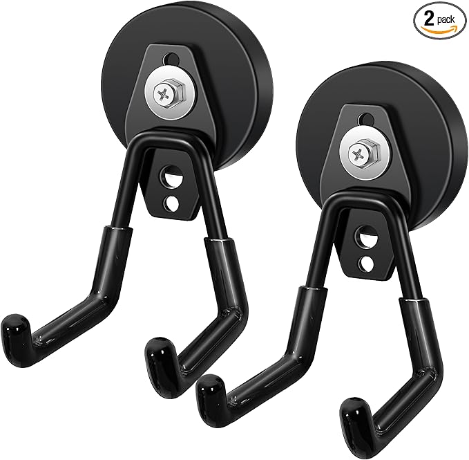 2 Pcs Storage Utility Magnets Hanging Hook with Anti-Slip Coating,Heavy Duty Strong Magnetic Garage Hooks, Magnetic Wreath Hanger for Metal Door Cabinet Pegboard Shelve Garden Tools(Black)