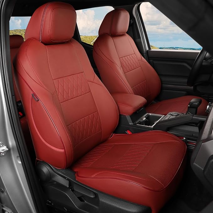 EKR Custom Fit Tacoma Front Car Seat Covers for Select Toyota Tacoma (Petrol & Hybrid) 2024 2025 Double cab SR,SR5,TRD Sport,TRD Off-Road,Limited - Front Row Only,Leather (Burgundy)