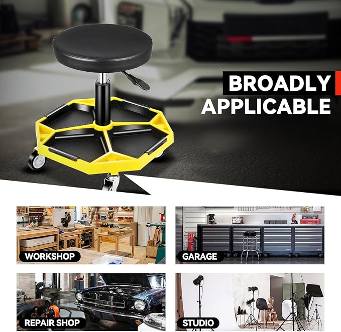 Auto Dynasty Mechanic Stool, Adjustable Rolling Pneumatic Creeper Garage Shop Seat with Tool Tray, 300 LBS Roller Seat for Workshop Auto Repair, Adjustable Height 15.7" to 21", Yellow