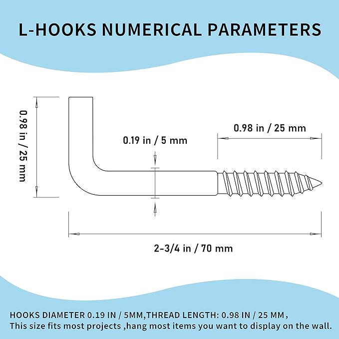 304 Stainless Steel 2-3/4 in Screw-in Hooks 20 Pcs,7 Shape Screw Hooks,Right Angle Medal Hooks l Shaped Screw in Hooks for Hanging