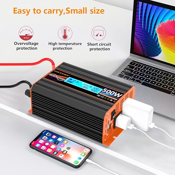 500 Watt Pure Sine Wave Power Inverter 12V DC to 110V 120V Converter for Home, RV and Off-Grid Solar Systems with Type-C Port, 2 AC Outlets, 2 USB Ports, LCD Display