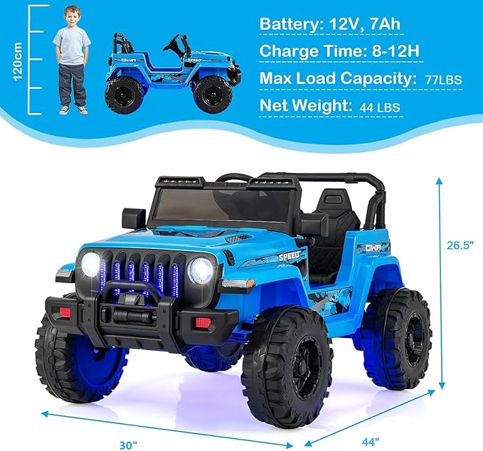 INFANS Kids Ride on Car Truck with 2.4G Remote Control, 12V Battery Powered Electric Cars for Kids w/3 Speeds, Battery Display, LED Lights, Safety Belt, Music & Horn, Bluetooth/FM/USB (Blue)