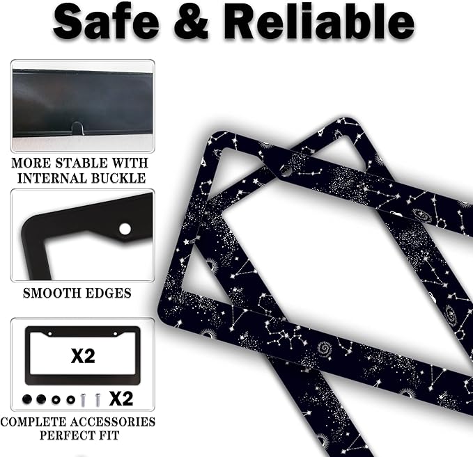 License Plate Frames Black and White License Plate Holder Galaxy Moon and Stars Starry Sky Planets Aluminum Metal Car Accessory 2 Pack with Screw Covers Set