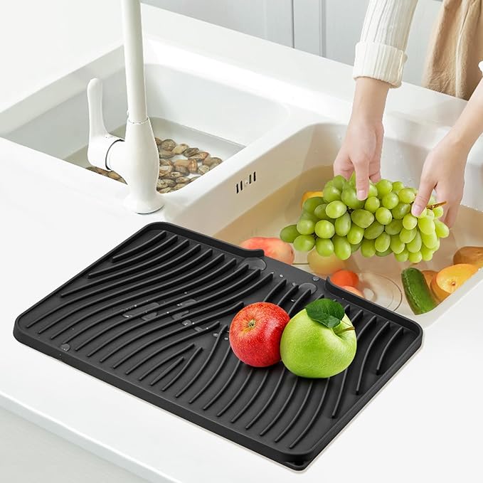 Dish Drying Mat, Stone Drying Mat for Kitchen Counter with Built-in Drain, Non-Slip Drying Matt Kitchen Counter, Heat Resistant Silicone Drying Mat, 2 Pcs(15.8"X 13", Black)