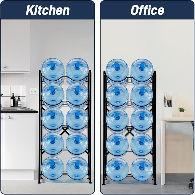 5 Gallon Water Jug Holder, 5-Tier Reinforced Carbon Steel Bottle Storage Rack for 10 Bottles - Cooler Organizer for Office, Family, Garages, Restaurant, Gym. Black
