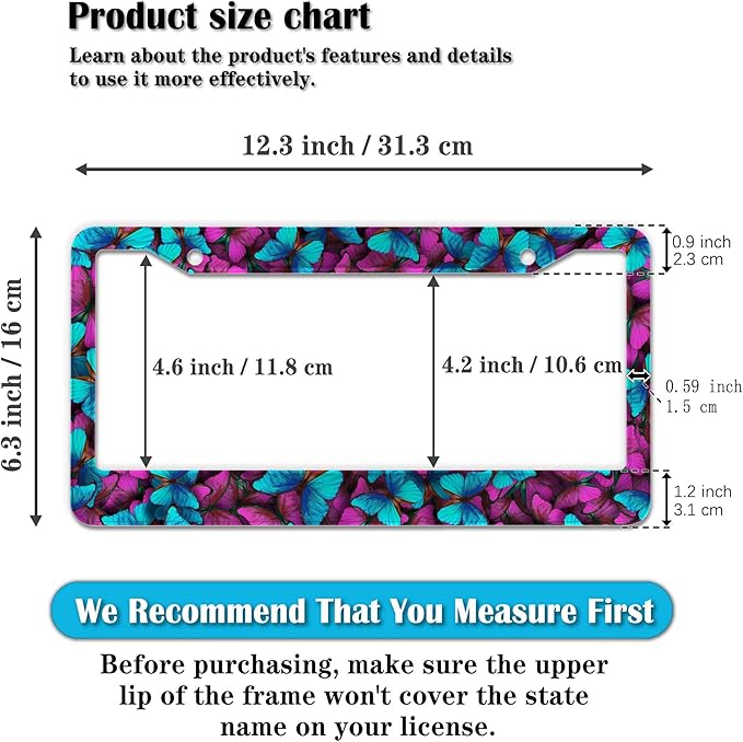 License Plate Frames Multicolor Car Plate Frame for Women Blue Purple Butterfly Women Universal Aluminum Car Accessory 2 Pack with Screw Covers Set