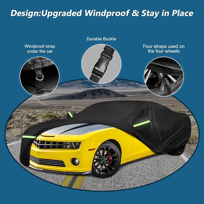 for Camaro Full Car Cover 2010-2025 All Weather, Outdoor Car Covers with Zipper and Soft Cotton Lining, Windproof Heavy Duty Waterproof Protection Fit for 2010-2025 Chevy Camaro (Up to 190''L)