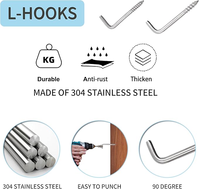 304 Stainless Steel M5 Screw-in Hooks 60 Pcs,7 Shape Screw Hooks,Right Angle Medal Hooks l Shaped Screw in Hooks for Hanging