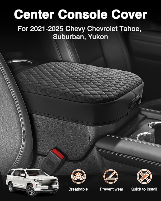 Shademax Center Console Cover for Chevy Chevrolet Tahoe, Suburban, Yukon 2021-2025 2026 Accessories Armrest Cover Cushion Pad Middle Console Cover Car Armrest Seat Box Protector Leather Anti-Scratch