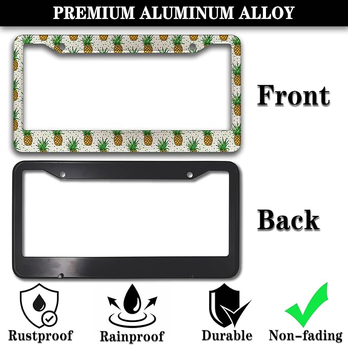 Car License Plate Frame Black Yellow License Plate Frames Yellow Pineapple Aluminum Metal Car Accessory 2 Pack with Screw Covers Set