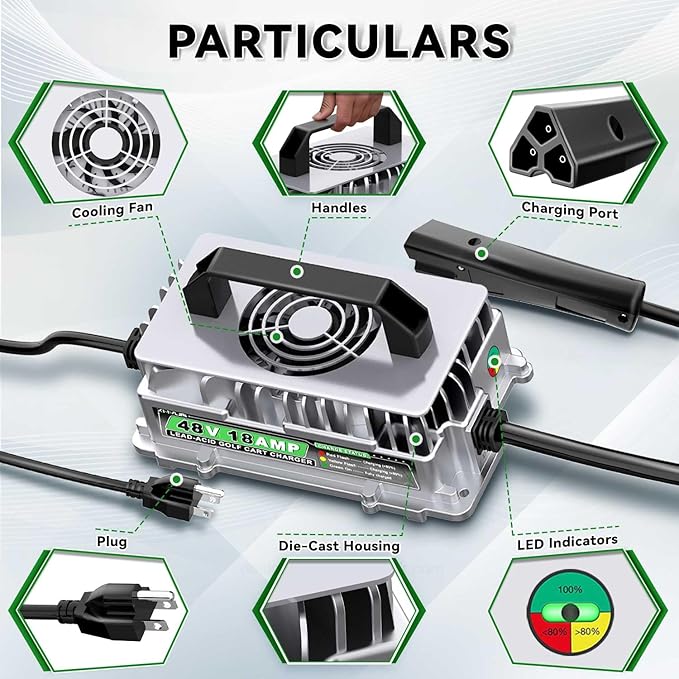 48 Volt 18 AMP Golf Cart Charger for 48 Volt EZGO RXV & TXT with 3 Pin Triangular Plug for 48V Lead Acid Battery