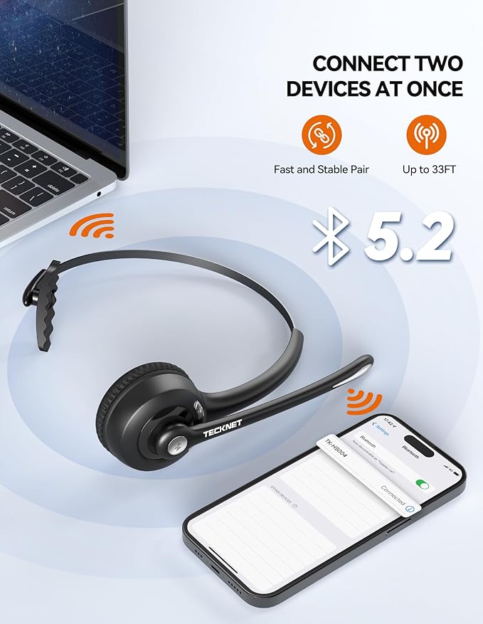 TECKNET Bluetooth Headset, Wireless Headset with Noise Canceling Microphone for Trucker, On-Ear Bluetooth Headphone with Mute Mic for Work