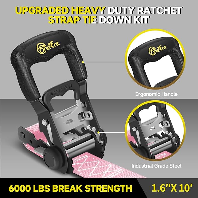 4Pcs 1.6”x 10FT Heavy Duty Ratchet Straps with Padded Handles+Coated S Hooks+Soft Loop Tie-Downs for Ratchet Strap Tie Down Kit-6000 Pound Break Strength（Pink）