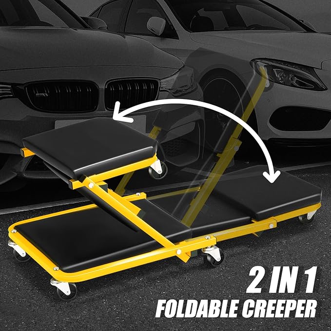 DNA MOTORING 36 Inches 2 IN 1 Rolling Folding Car Creeper/Seat, 6 Pcs 2" Casters, 150kg Weight Capacity, Yellow, TOOLS-00185-YL