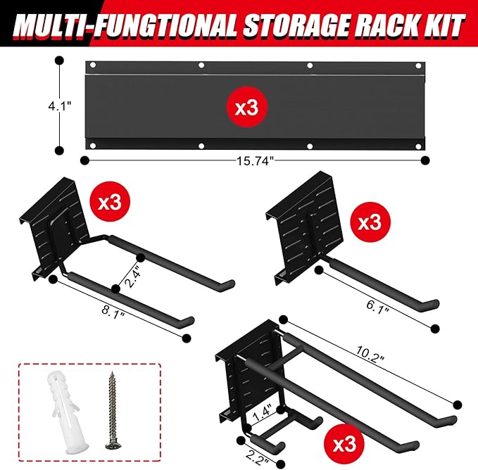 48 Inches Garage Organization,Wall Mount Garden Tool Organizer,660lbs Adjustable Heavy Duty Metal Hanging Hooks, Garden Tool Hangers Storage Rack for Garage, Yard, and Shed (3 Racks, 9 Hooks)