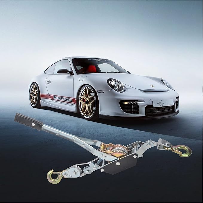 2 Ton Heavy Duty 2 Hook Steel Cable Dual Gear Power Puller Come Along Chain Winch Ratchet Tool, Automotive Hoist Hand Winch Cable Puller Stretcher Lift