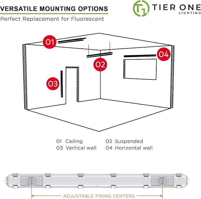TIERONE 4ft LED Vapor Tight Light 50W Outdoor Shop Light IP65 Waterproof 0-10V Dimmable Integrated LED White Strip Lighting Fixture for Warehouses Car Washes 5000K 100-277V 6000LM ETL Listed 4 Pack