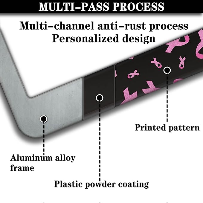 License Plate Frames for Men Black Powder Car License Plate Frame for Women Pink Ribbon Aluminum Metal Car Accessory 2 Pack with Screw Covers Set