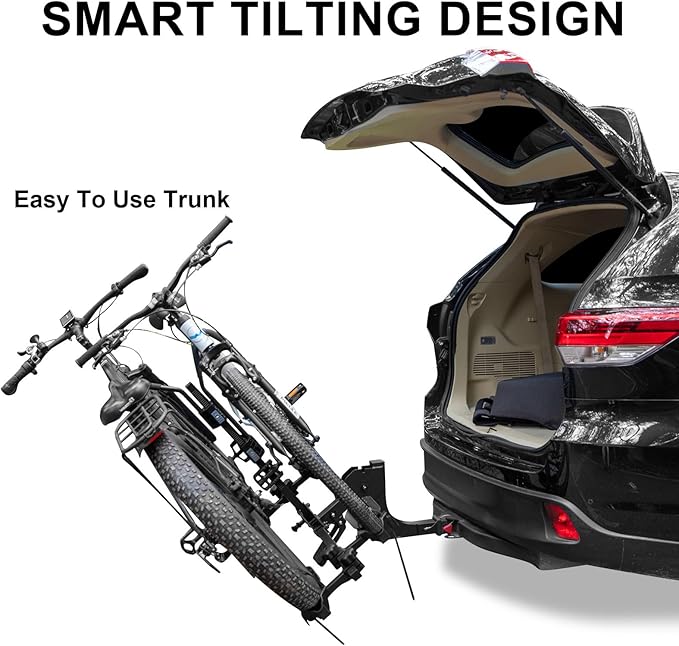 WEIZE 2 E Bike Rack Hitch Mounted, Wobble Free Smart Tilting Folding 2 Bicycle Electric Bike Racks with Lock, 2" Hitch Fits Up to 160 lbs Capacity with Up to 5.5" Fat Tires for Car, SUV, Trucks