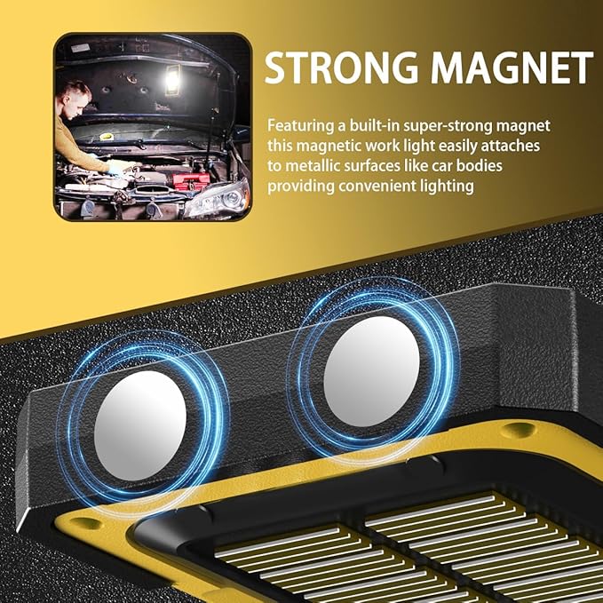 WARSUN Portable Rechargeable Magnetic Work Light, LED Flood Light Waterproof for Outdoor Camping Hiking Emergency Car Repairing (USB + Solar Charging, Yellow)