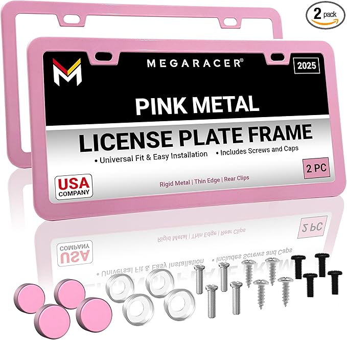 Premium Princess Pink License Plate Frames – 2 Pack, Rust-Free Stainless Steel, Street Legal, Rattle-Free, Universal Slim Design with Screw Covers, Durable Car Tag Holders for Women, Cute & Girly Gift