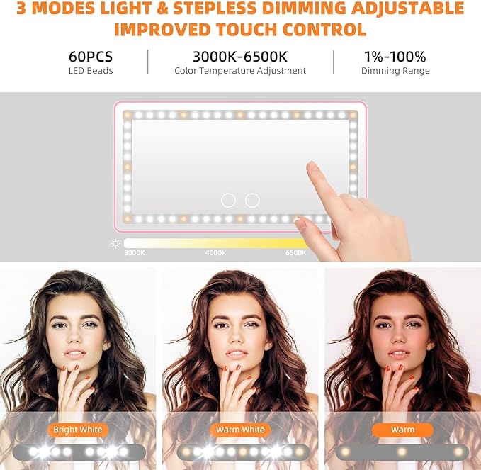 Car Sun Visor Vanity Mirror with 3 Light Modes & 80 LEDs - Dimmable Clip-on Rear View Sun-Shading Cosmetic Mirror with Touch on Screen, Universal for Truck SUV (Pink)
