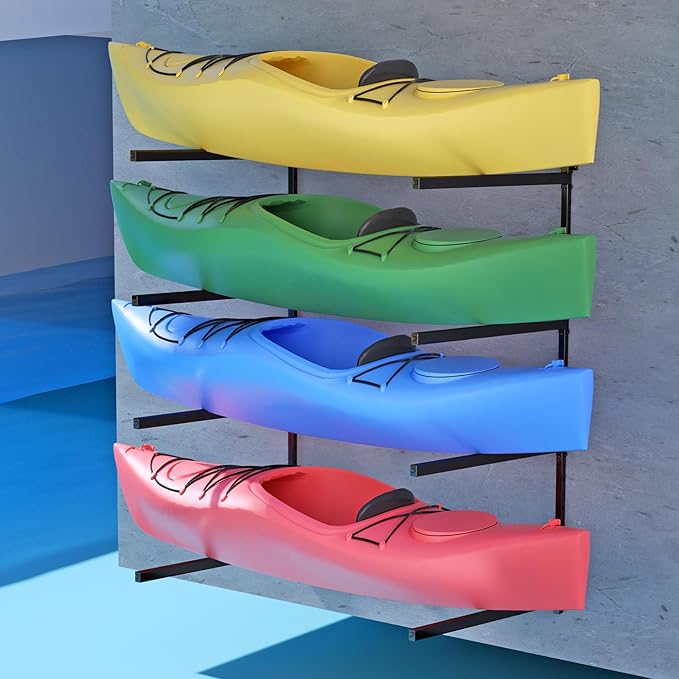 Wall Mounted Kayak Storage Rack, Kayak Racks for Outdoor Storage, Kayak Wall Mount 4 Tier Adjustable Surfboard Paddleboards Holder, Holds Up to 220 lbs
