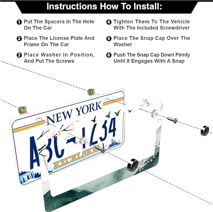 Mountains Cherry Blossom License Plate Frames - 2 Pcs Set 2 Holes Stainless Steel Metal Auto Car Accessories Decoration License Plate Frame Cover Size 6.3" x 12.2" Fit US Vehicles for Women Men Gift