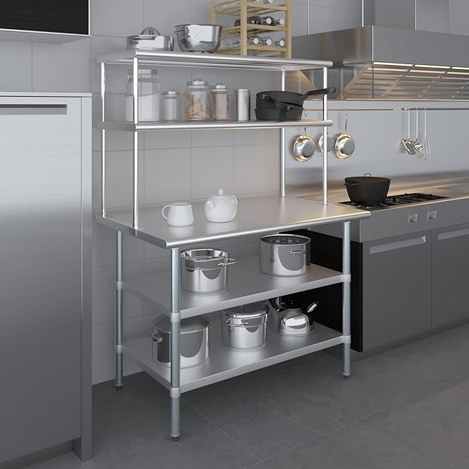 Amgood Stainless Steel Work Table with 2 Shelves | Metal Kitchen Prep Table & Shelving Combo (30" x 48" Table with 2 Shelves + 18" Overshelf)