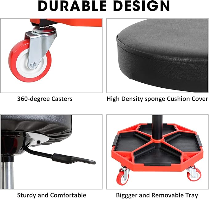 Torin ATRXF8308B Pneumatic Mechanic Stool/Rolling Shop Creeper Seat with Adjustable Height and 4 Removable Tool Trays, 300 lb Capacity, Black/Red