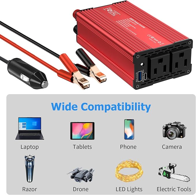 FOVAL 600W Power Inverter 12V DC to 110V AC Car Plug Adapter Outlet Converter with [65W PD USB-C] & [18W QC USB-A] Fast Charging Ports and 2 AC Outlets Car Power Inverter for Laptop Computer