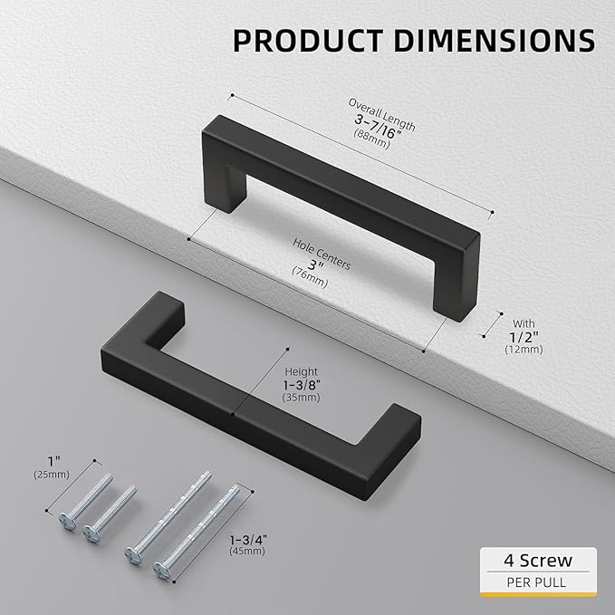 Goldenwarm 10 Pack Black Square Bar Cabinet Pull Drawer Handle Stainless Steel Modern Hardware for Kitchen Bathroom Cabinets Cupboard,Center to Center 3in (76mm) Modern Matte Black Drawer Pulls