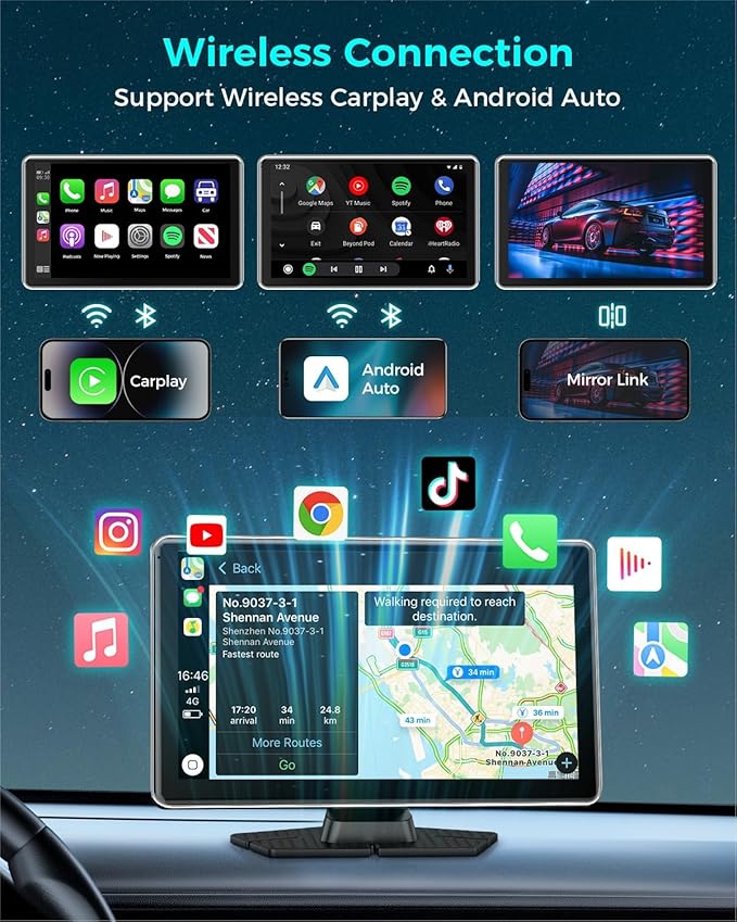 Wireless Carplay with 4K Dash Cam, 9" Portable Carplay Screen for Car, Apple Carplay & Android Auto Car Satellite Radio with 1080P Backup Camera, GPS Navigation/Mirror Link/Voice Control/Bluetooth