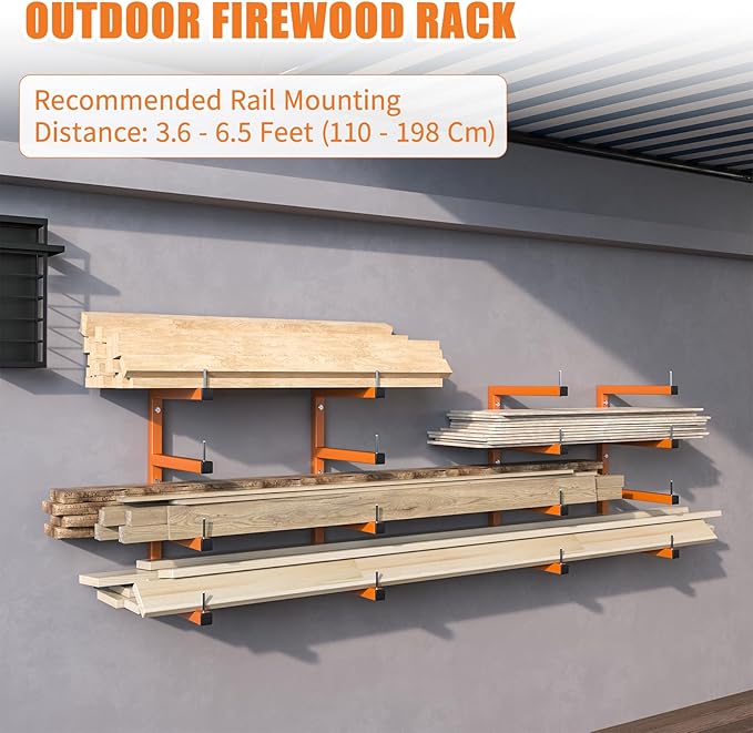 2-Pack Lumber Storage Rack, Wood Storage Racks Wall Mount, Heavy Duty Garage Wood Organizer With 4-Level System, Orange Utility Rack Organization Up 800 Lbs, Metal Lumber Shelf for Indoor and Outdoor