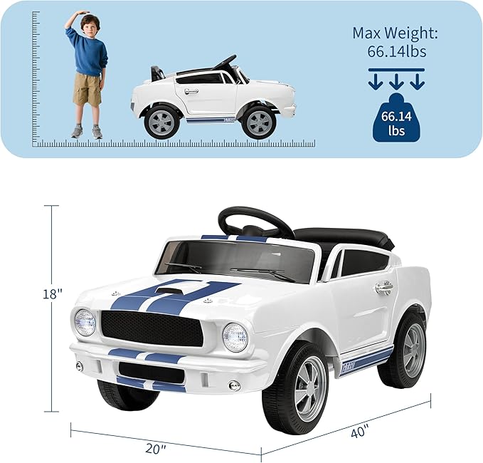 12V Ride on Car Licensed Shelby GT350, Battery Powered Ride On Toy for Toddlers with Remote Control, Electric Car for Kids, Bluetooth, Shock Absorbers, Safety Belt, 3 Speeds, LED Lights, Music, White