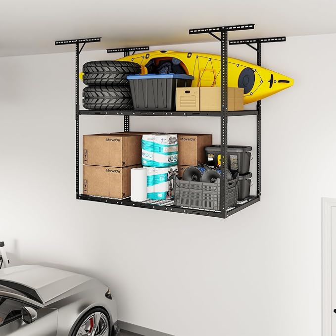 FLEXIMOUNTS 3x6 2-Tier Overhead Garage Storage Rack – Adjustable Heavy Duty Metal Garage Ceiling Storage Racks, 880 lbs Capacity – Garages Organization System for 10–15 ft Tall Garages, Black