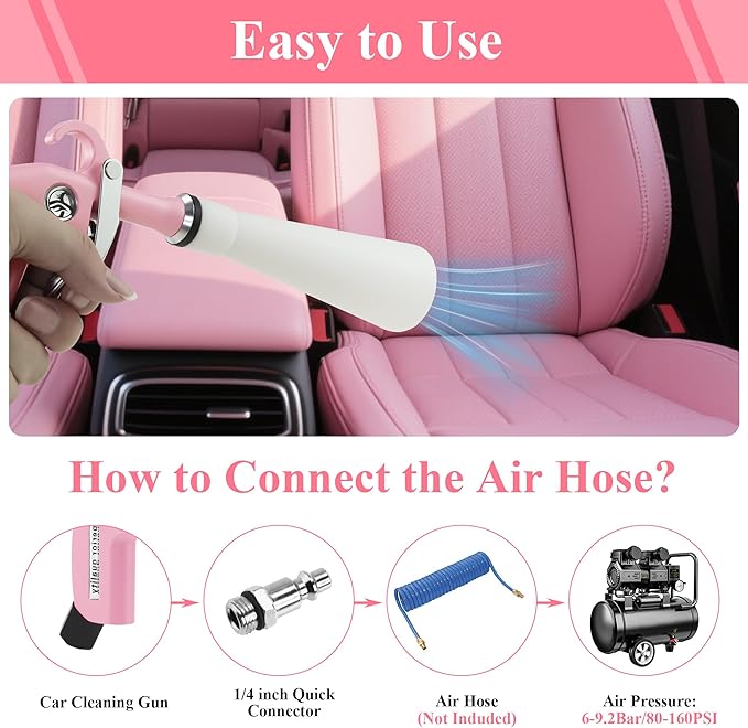 XIAOFENG Tornado Dry Cleaning Gun Detailing Interior Dryer Air Blow Gun with 2 Set Nozzle High Pressure Car Drying Blower Gun for Women Car Quickly Blasts Dirt and Dust from Surface Pink