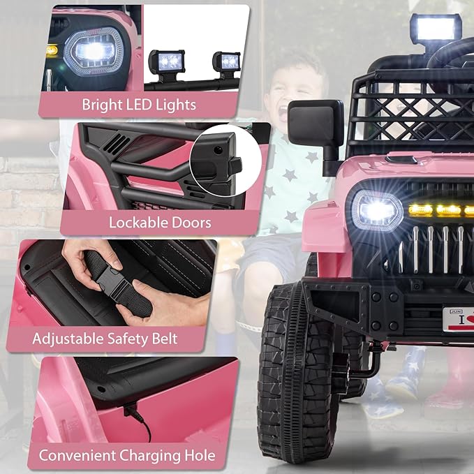 Costzon Kids Ride On Truck, 12V Battery Powered Electric Vehicles w/Remote Control, Spring Suspensions, 3 Speeds, Music, Lights, Wireless Connection, Ride on Car for Boys & Girls 3+ (Pink)