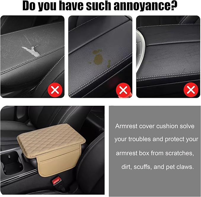 Car Center Console Cover, Upgraded Leather Armrest Seat Box Cover with 2 Storage Bags, Universal Waterproof Car Armrest Cover Cushion Comfortable Car Decor Accessories for Most Vehicles (Beige)