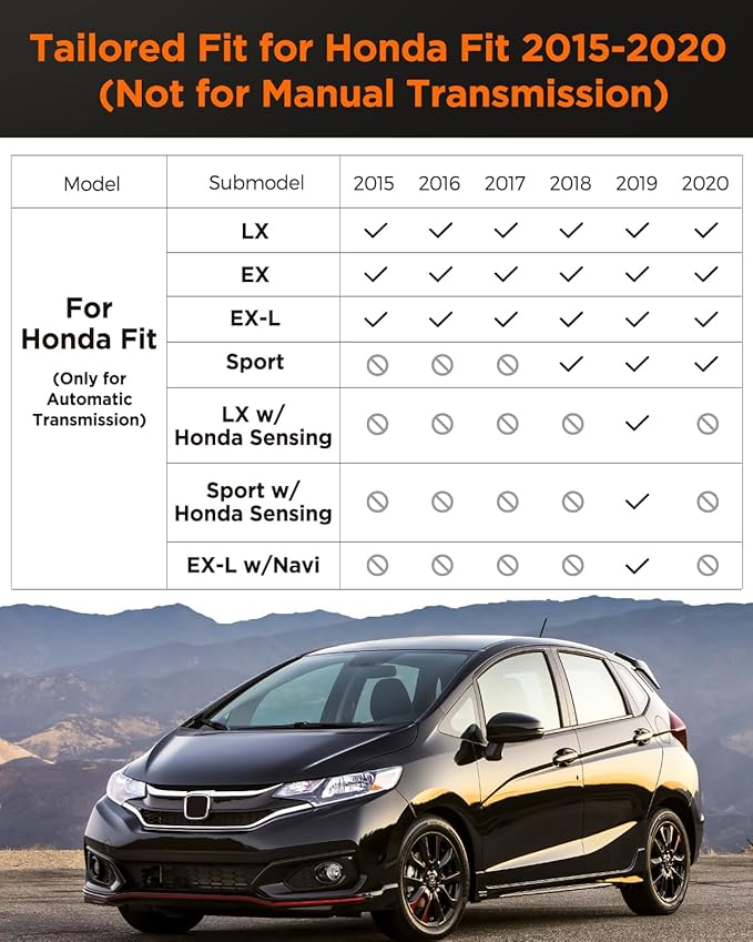 Car Floor Mats for Honda Fit : 2015-2020 (Not for Manual Transmission) Cargo Trunk Liner, Accessories All Weather Rubber Custom Fit for Honda Fit 2020 2019 2018 2017 2016 2015 SUV 5-Seat Models Black