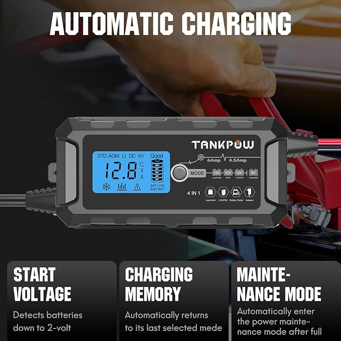 6-Amp Automotive Battery Charger, 6V and 12V Smart Car Battery Charger,Trickle Charger Battery Maintainer and Desulfator,Float Charger for Car,Motocycle,ATV,Lithium and Deep Cycle Batteries.