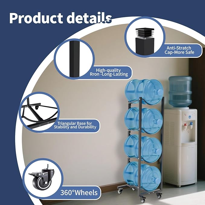 5 Gallon Water Bottle Holder: 4 Tier 5gal Water Jug Storage Rack with 4 Wheels for Home Kitchen Garage - Space Saving & Black