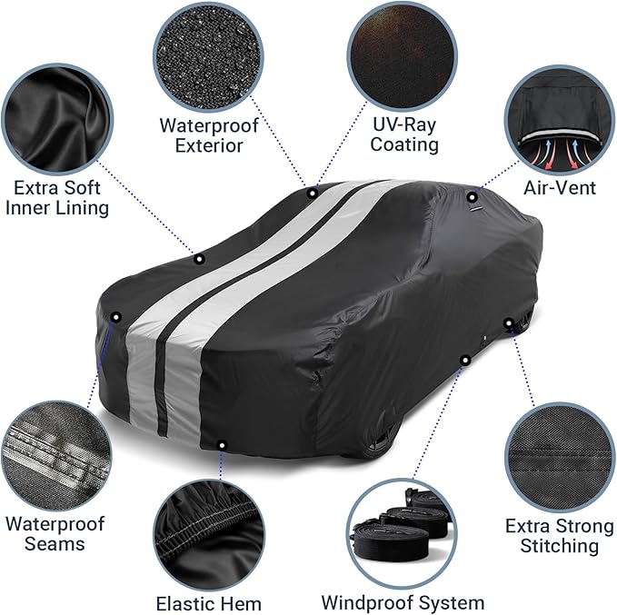 iCarCover Custom Car Cover for Pontiac Bonneville Wagon (1959-1970) Waterproof All-Weather Rain Snow UV Sun Protector Full Exterior Indoor Outdoor Car Cover (Stripe - Black/Gray)
