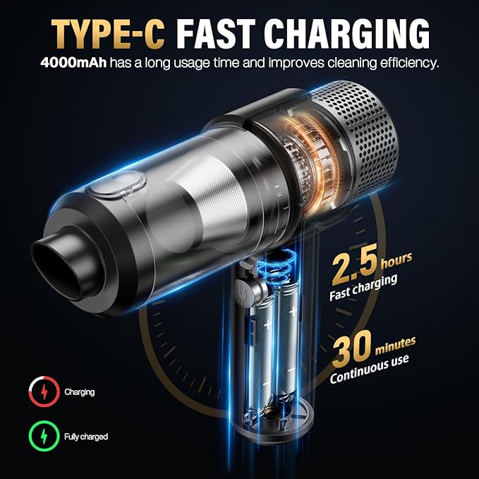 Handheld Car Vacuum Cleaner, 16000PA Car Vacuum Portable Cordless,4 in 1 Air Duster and Vacuum Cleaner with LED Light，Dual Filters, High Power Handheld Used for Home, Pet, Office